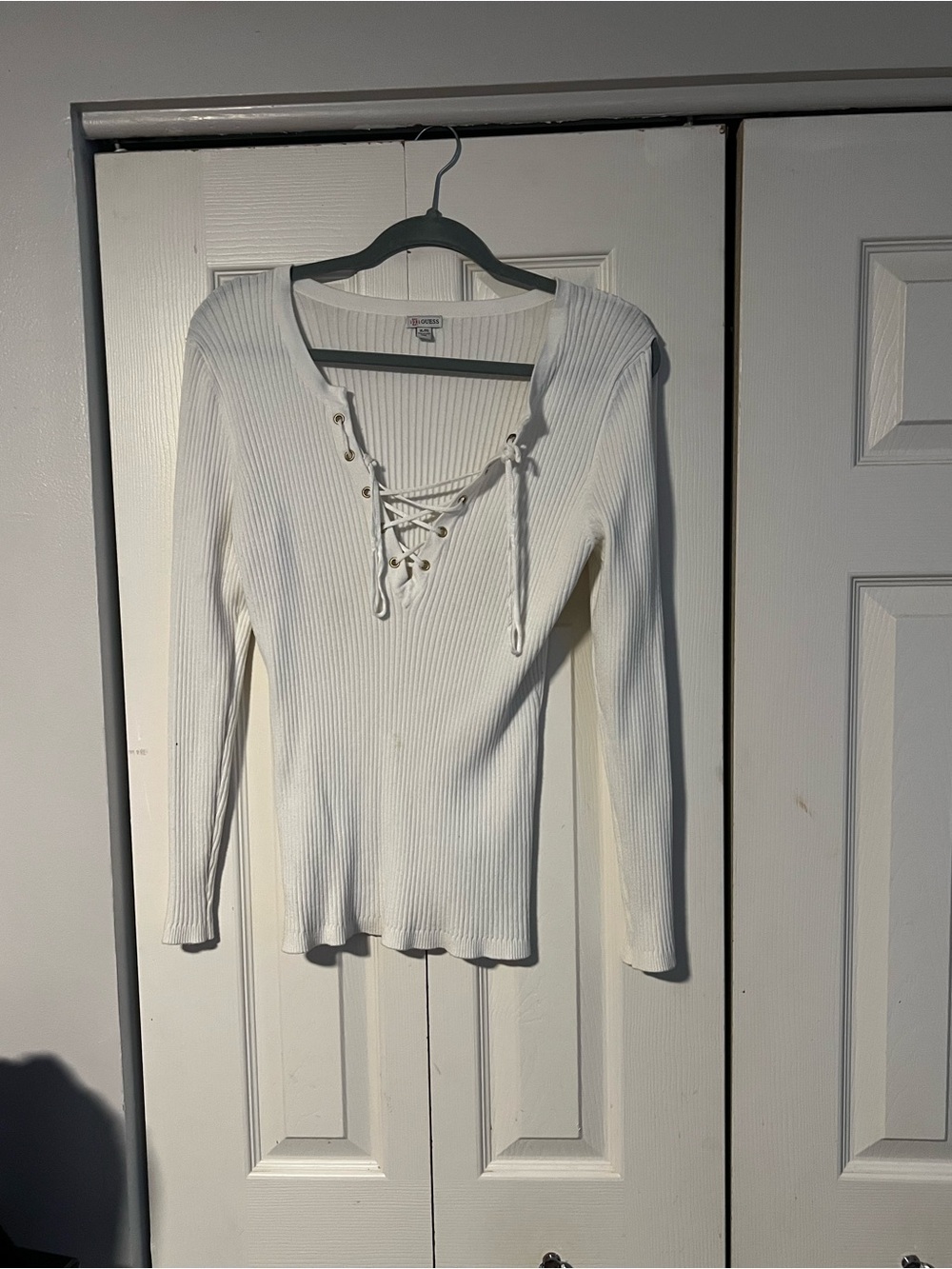 White Lace-Up Ribbed Long-Sleeve Sweater